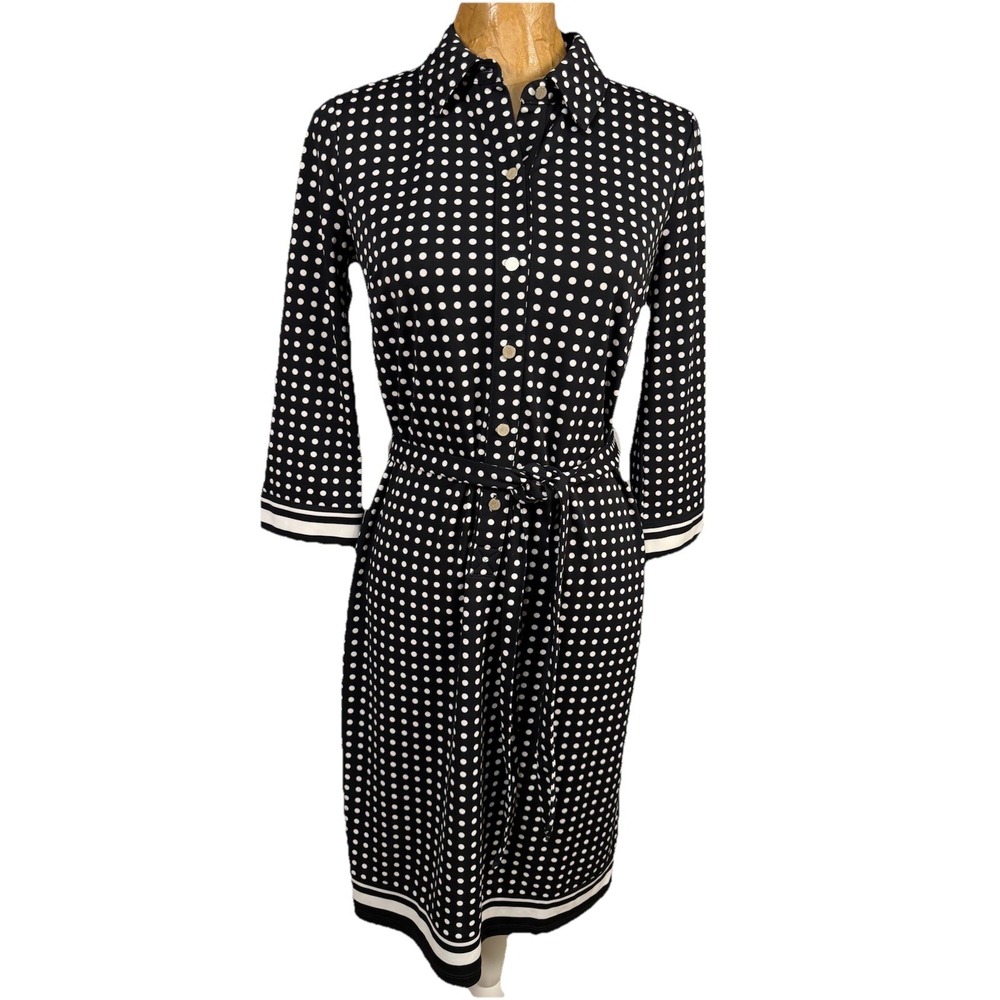 Talbots Size S Petite Black White Polka Dot Belted Collared Dress Stretch